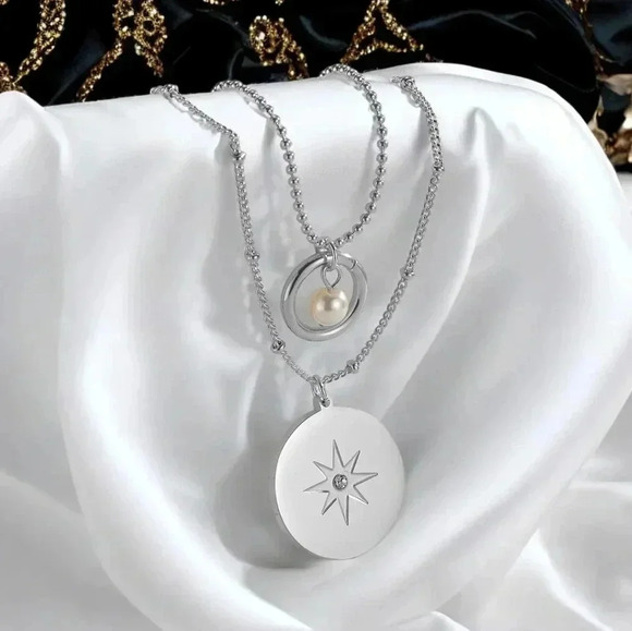 🆕️18K White Gold Plated Star Charm Minimalist Layered Necklace Dainty Pearl - Picture 7 of 13